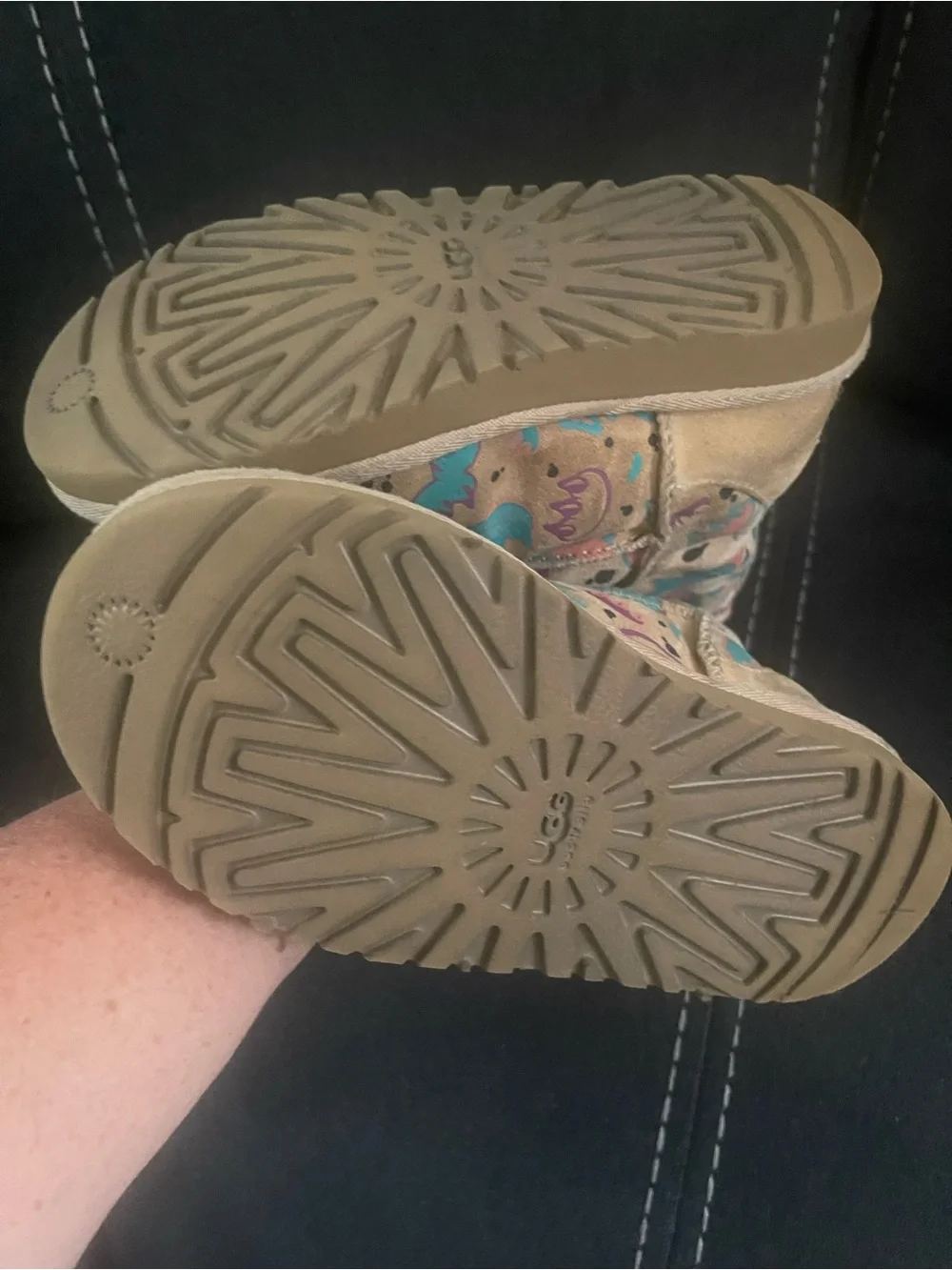 UGG Kids Tan Boots with Teal and Pink Pattern